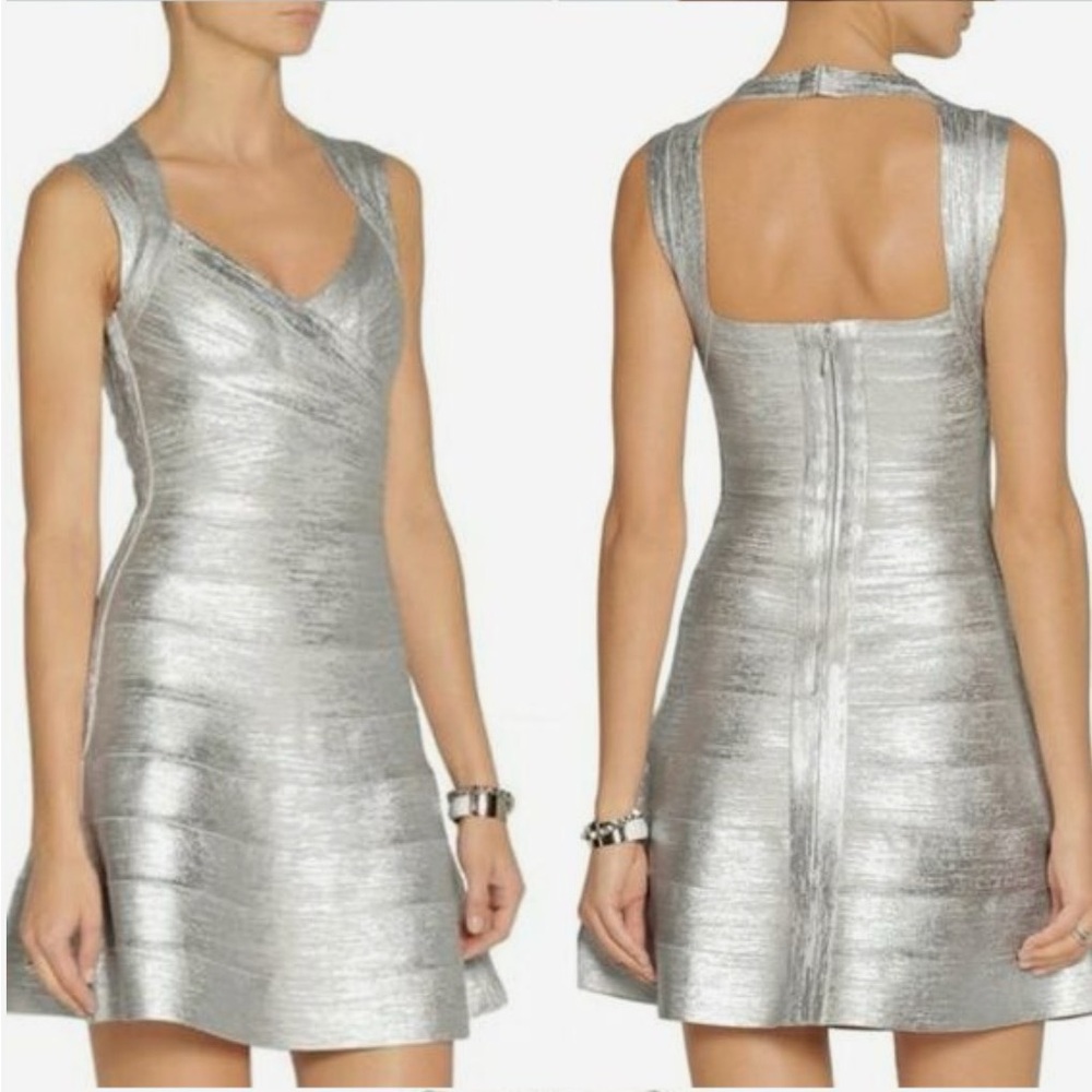 Herve Leger Silver Bandage Flare Dress XS